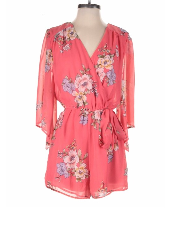 bailey blue Other - New BAILEY BLUE Floral Kimono Sleeve Faux Wrap Romper In Coral/Ivory